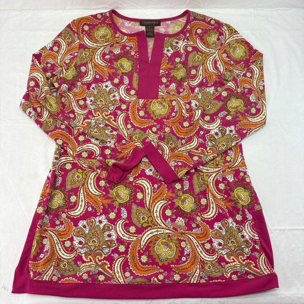 Chadwicks Pink Paisley Split Neck Tunic Top 3/4 Sleeve Large 2856